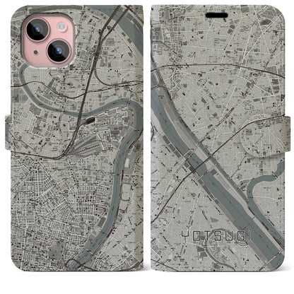 【四ツ木（東京都）】地図柄iPhoneケース（手帳タイプ）モノトーン・iPhone 15 Plus 用