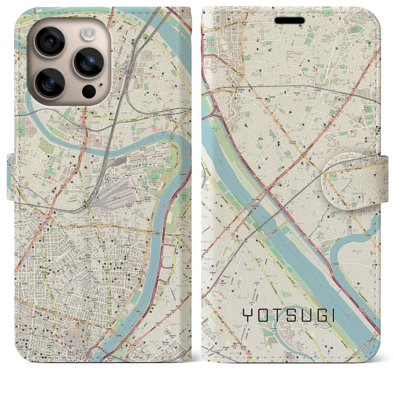 【四ツ木（東京都）】地図柄iPhoneケース（手帳タイプ）ナチュラル・iPhone 16 Plus 用