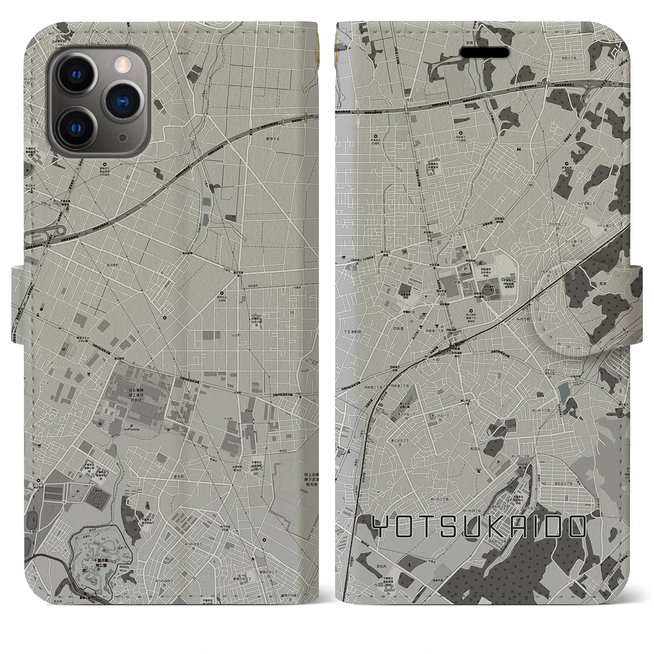 【四街道】地図柄iPhoneケース（手帳両面タイプ・モノトーン）iPhone 11 Pro Max 用