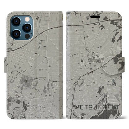 【四街道（千葉県）】地図柄iPhoneケース（手帳タイプ）モノトーン・iPhone 12 / 12 Pro 用