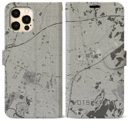 【四街道（千葉県）】地図柄iPhoneケース（手帳タイプ）モノトーン・iPhone 12 Pro Max 用