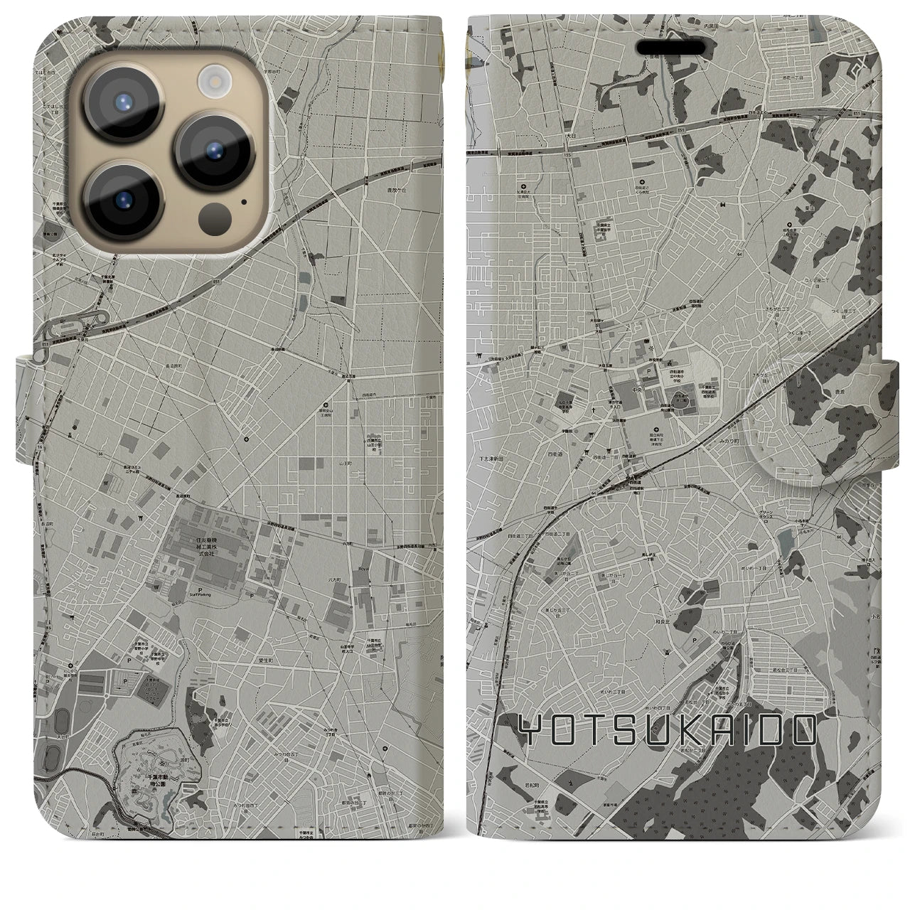 【四街道】地図柄iPhoneケース（手帳両面タイプ・モノトーン）iPhone 14 Pro Max 用