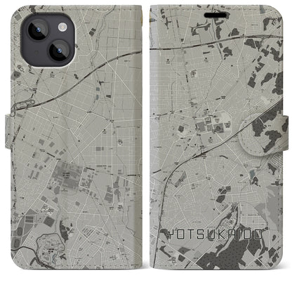 【四街道（千葉県）】地図柄iPhoneケース（手帳タイプ）モノトーン・iPhone 14 Plus 用