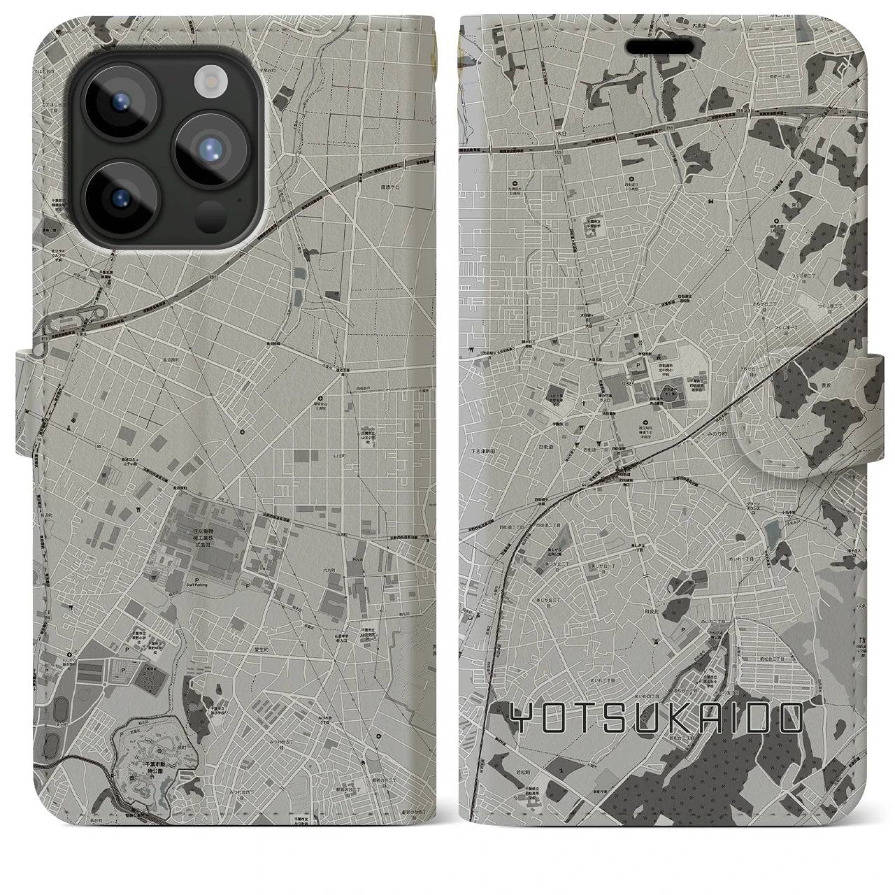【四街道】地図柄iPhoneケース（手帳両面タイプ・モノトーン）iPhone 15 Pro Max 用