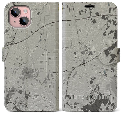 【四街道（千葉県）】地図柄iPhoneケース（手帳タイプ）モノトーン・iPhone 15 Plus 用