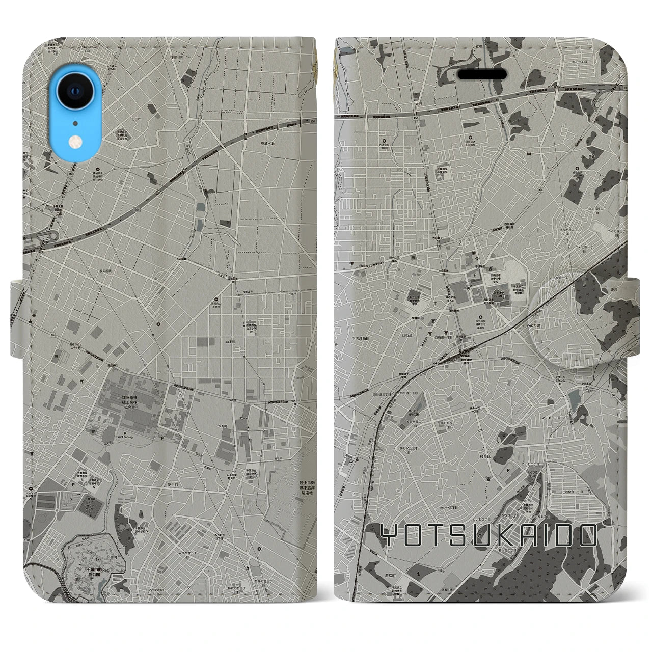 【四街道】地図柄iPhoneケース（手帳両面タイプ・モノトーン）iPhone XR 用