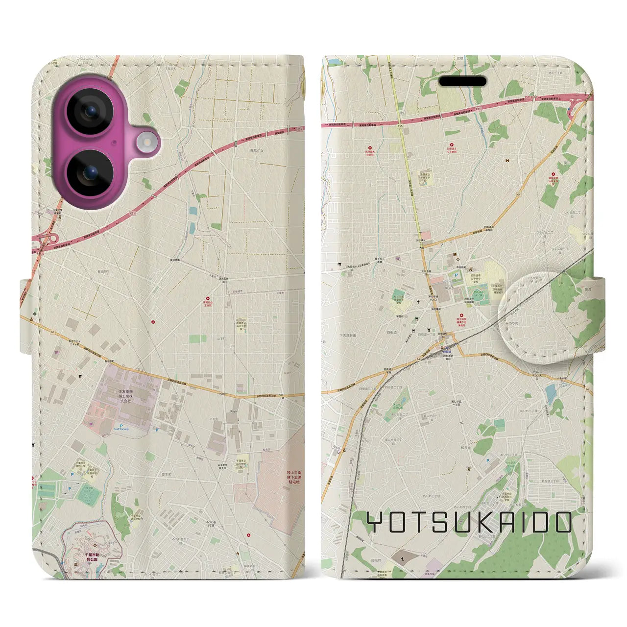 【四街道（千葉県）】地図柄iPhoneケース（手帳タイプ）ナチュラル・iPhone 16 Pro 用