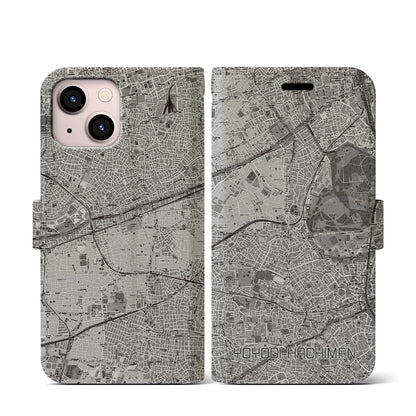 【代々木八幡（東京都）】地図柄iPhoneケース（手帳タイプ）モノトーン・iPhone 13 mini 用