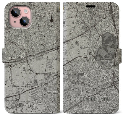 【代々木八幡（東京都）】地図柄iPhoneケース（手帳タイプ）モノトーン・iPhone 15 Plus 用