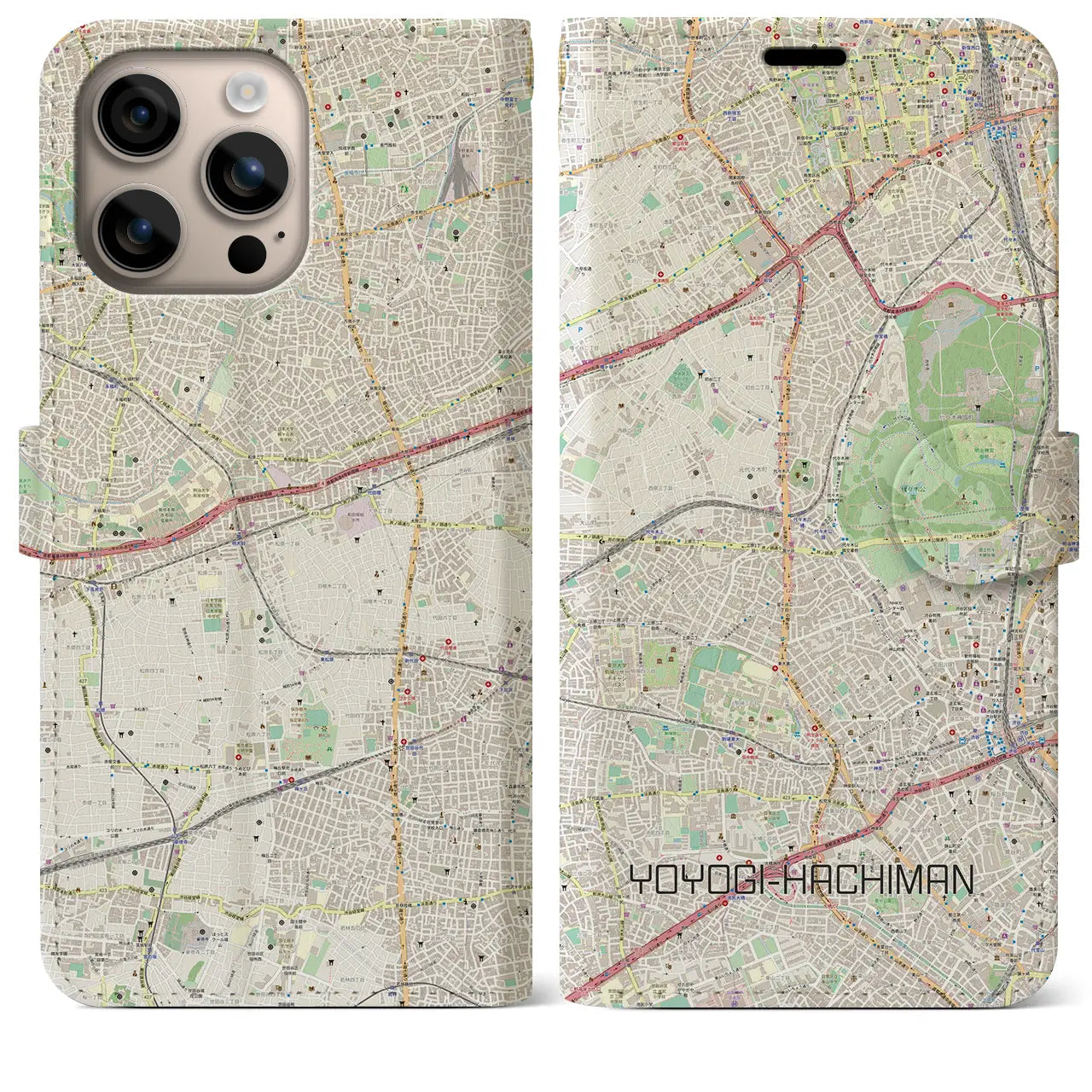 【代々木八幡（東京都）】地図柄iPhoneケース（手帳タイプ）ナチュラル・iPhone 16 Plus 用