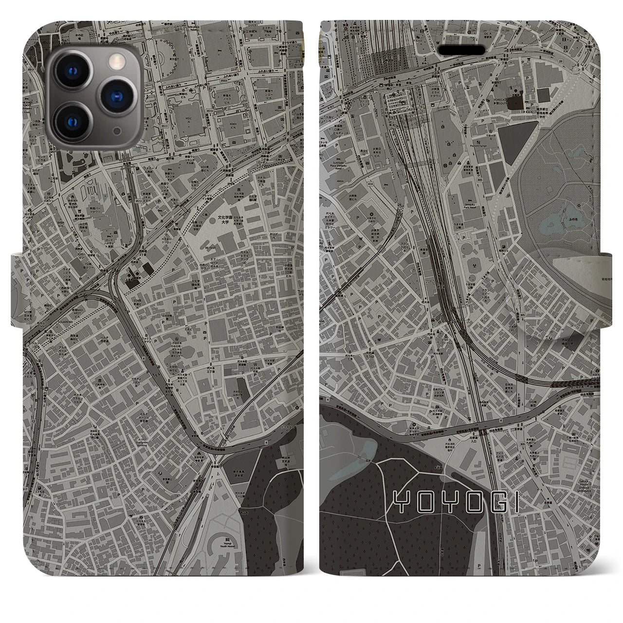 【代々木2】地図柄iPhoneケース（手帳両面タイプ・モノトーン）iPhone 11 Pro Max 用
