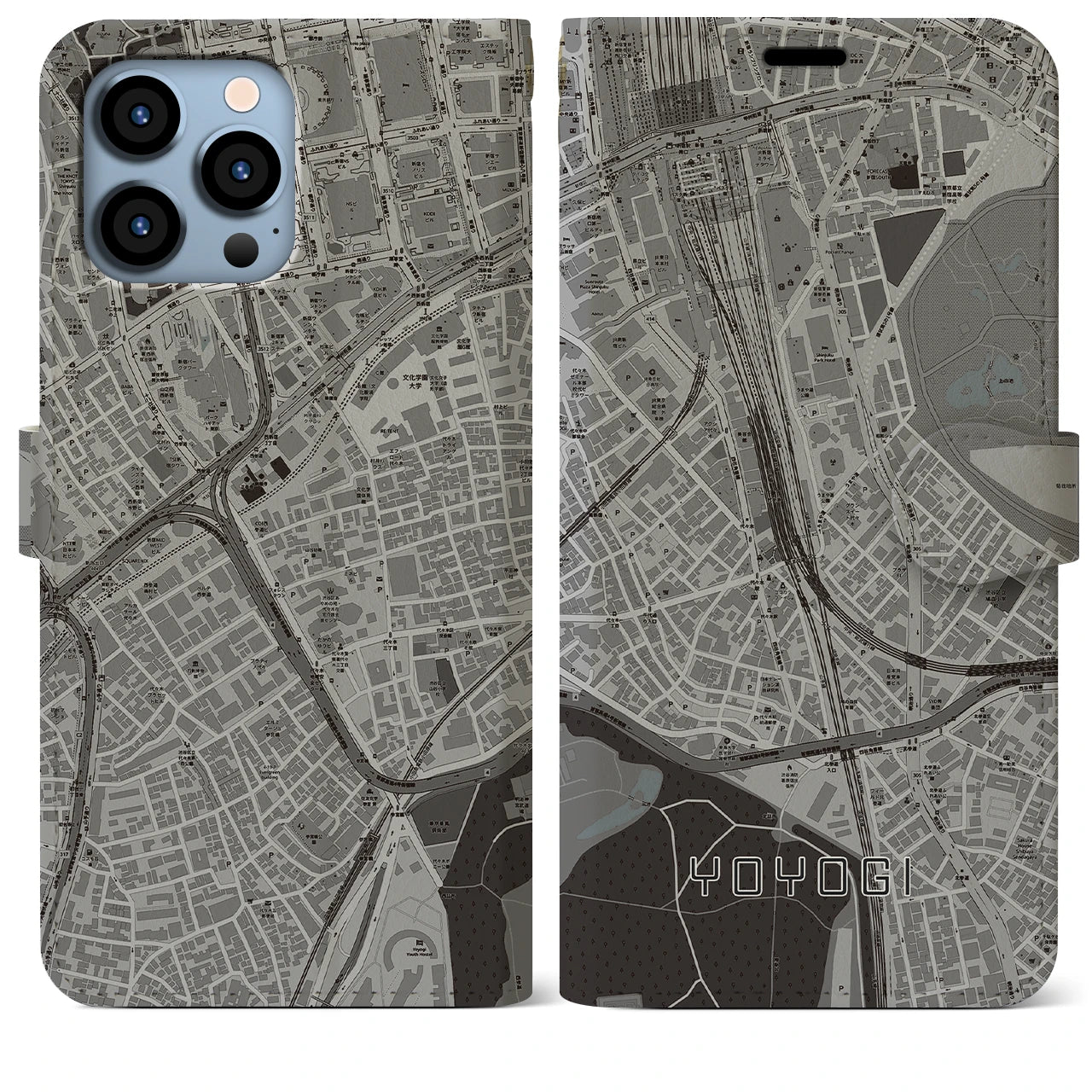 【代々木2】地図柄iPhoneケース（手帳両面タイプ・モノトーン）iPhone 13 Pro Max 用