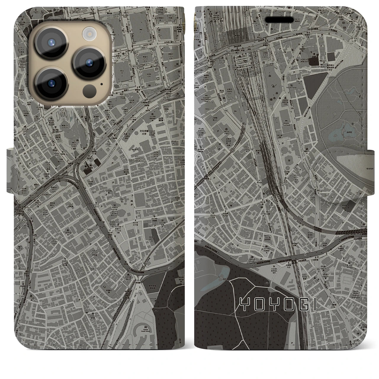 【代々木2】地図柄iPhoneケース（手帳両面タイプ・モノトーン）iPhone 14 Pro Max 用