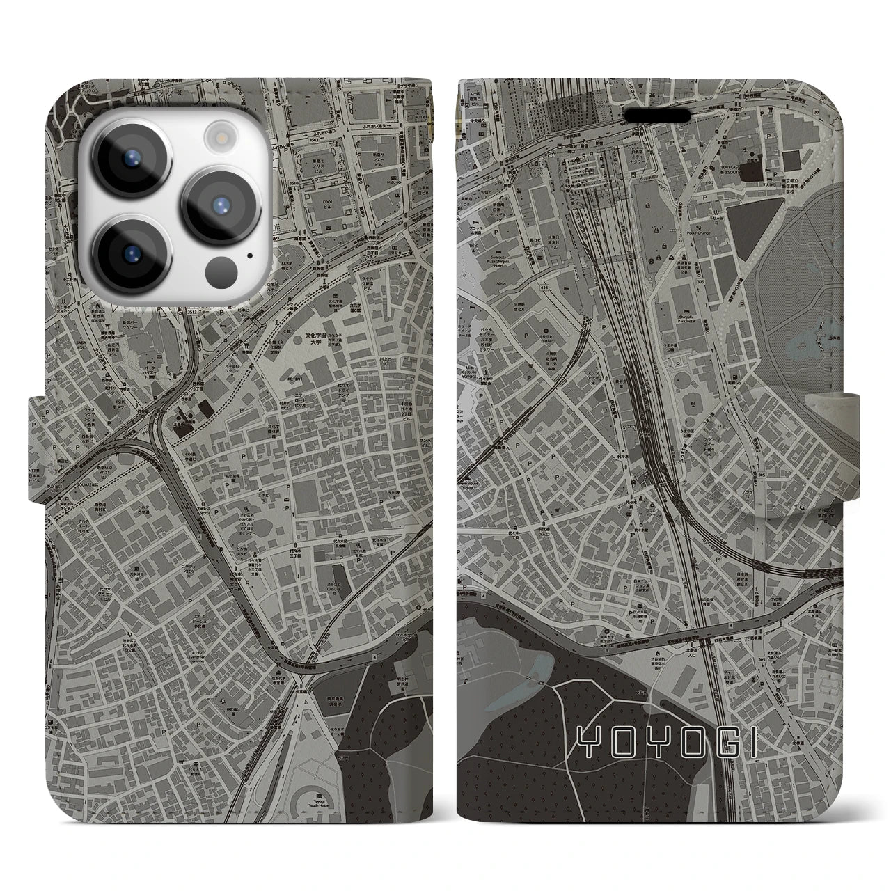 【代々木2】地図柄iPhoneケース（手帳両面タイプ・モノトーン）iPhone 14 Pro 用