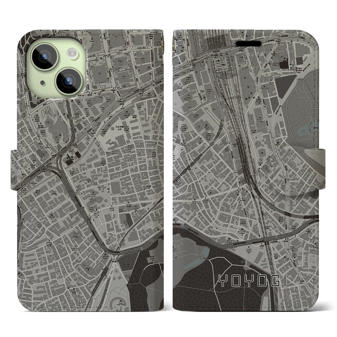 【代々木2】地図柄iPhoneケース（手帳両面タイプ・モノトーン）iPhone 15 用