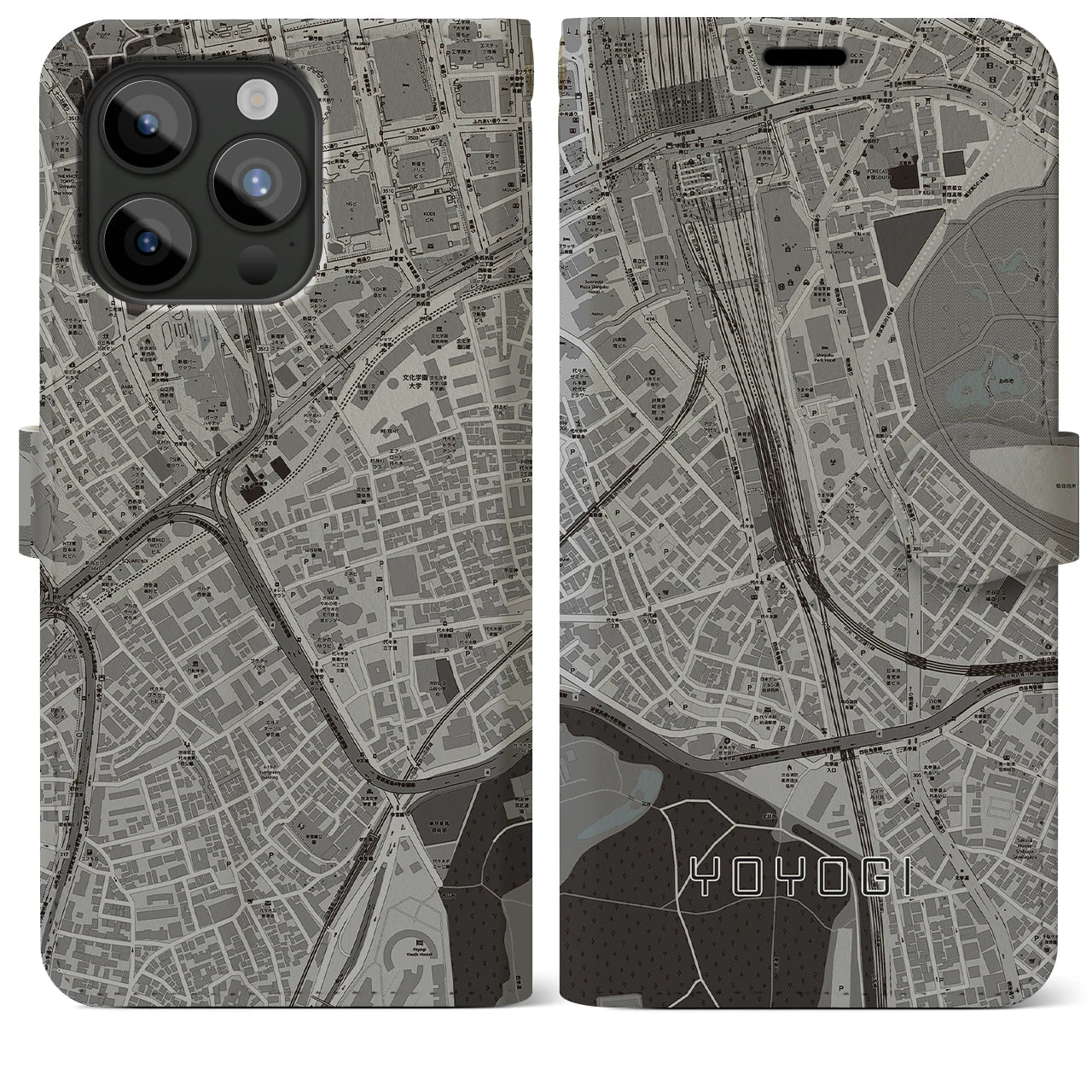 【代々木2】地図柄iPhoneケース（手帳両面タイプ・モノトーン）iPhone 15 Pro Max 用