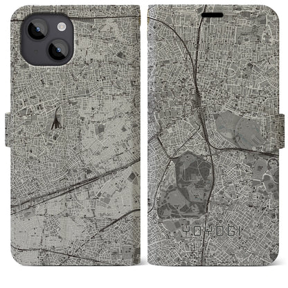 【代々木（東京都）】地図柄iPhoneケース（手帳タイプ）モノトーン・iPhone 14 Plus 用