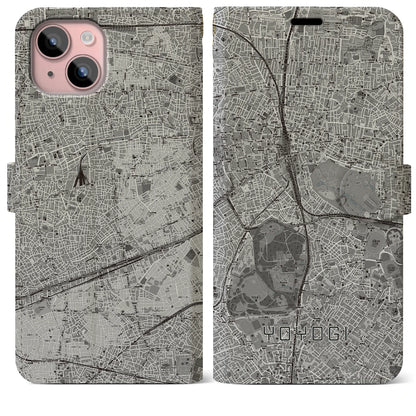 【代々木（東京都）】地図柄iPhoneケース（手帳タイプ）モノトーン・iPhone 15 Plus 用