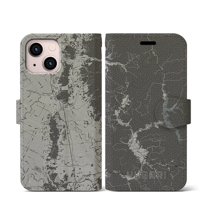 【夕張（北海道）】地図柄iPhoneケース（手帳タイプ）モノトーン・iPhone 13 mini 用