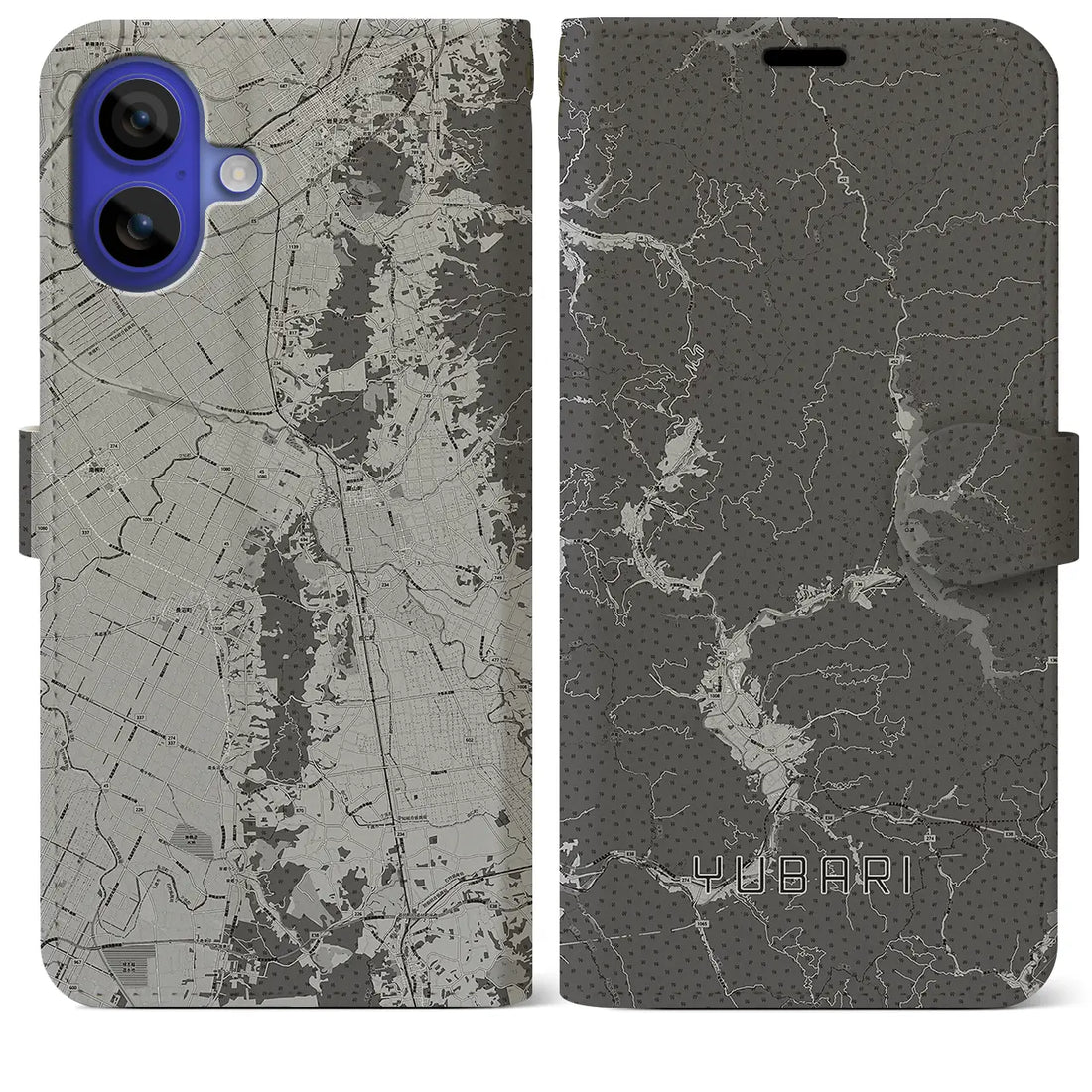【夕張(北海道)】地図柄iPhoneケース(手帳タイプ)モノトーン・iPhone 16 Pro Max 用