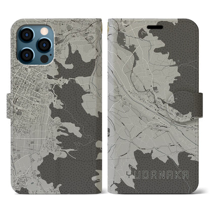 【湯田中（長野県）】地図柄iPhoneケース（手帳タイプ）モノトーン・iPhone 12 / 12 Pro 用