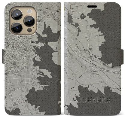 【湯田中（長野県）】地図柄iPhoneケース（手帳タイプ）モノトーン・iPhone 14 Pro Max 用