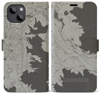 【湯田中（長野県）】地図柄iPhoneケース（手帳タイプ）モノトーン・iPhone 14 Plus 用