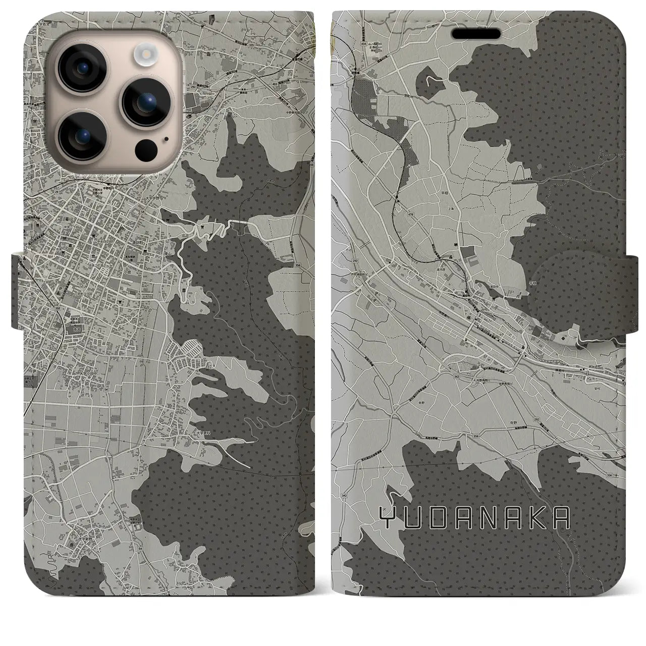 【湯田中（長野県）】地図柄iPhoneケース（手帳タイプ）モノトーン・iPhone 16 Plus 用