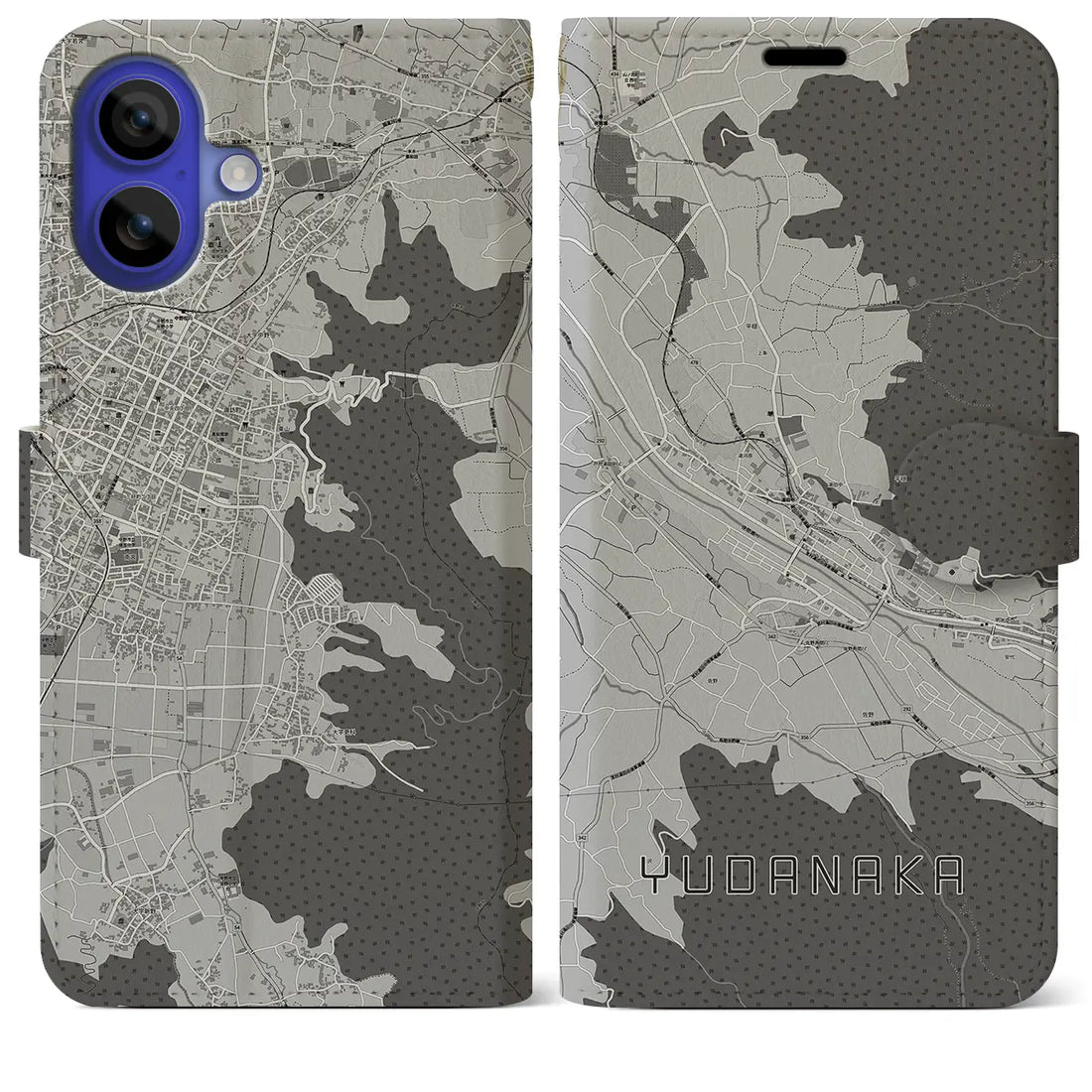 【湯田中（長野県）】地図柄iPhoneケース（手帳タイプ）モノトーン・iPhone 16 Pro Max 用