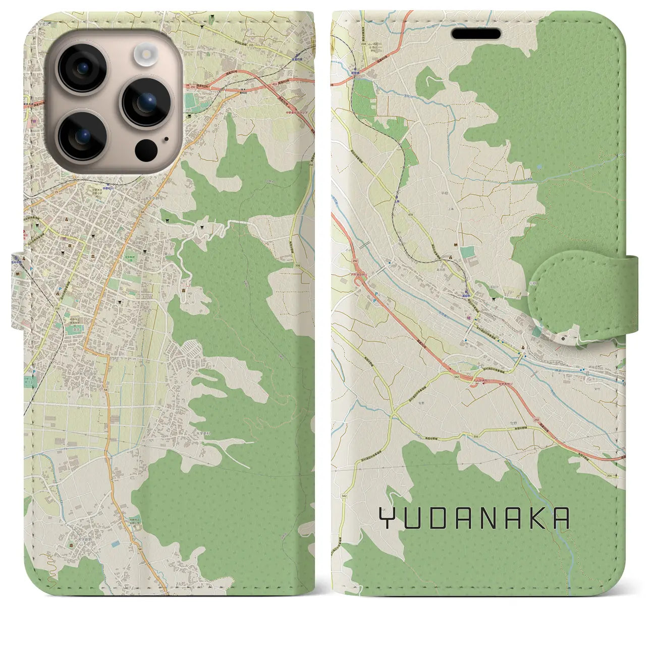 【湯田中（長野県）】地図柄iPhoneケース（手帳タイプ）ナチュラル・iPhone 16 Plus 用