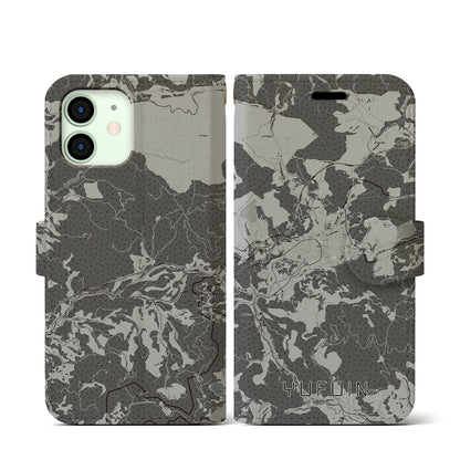 【湯布院（大分県）】地図柄iPhoneケース（手帳タイプ）モノトーン・iPhone 12 mini 用