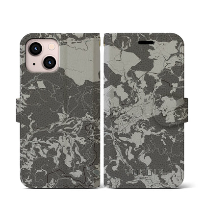 【湯布院（大分県）】地図柄iPhoneケース（手帳タイプ）モノトーン・iPhone 13 mini 用