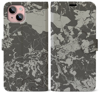 【湯布院（大分県）】地図柄iPhoneケース（手帳タイプ）モノトーン・iPhone 15 Plus 用