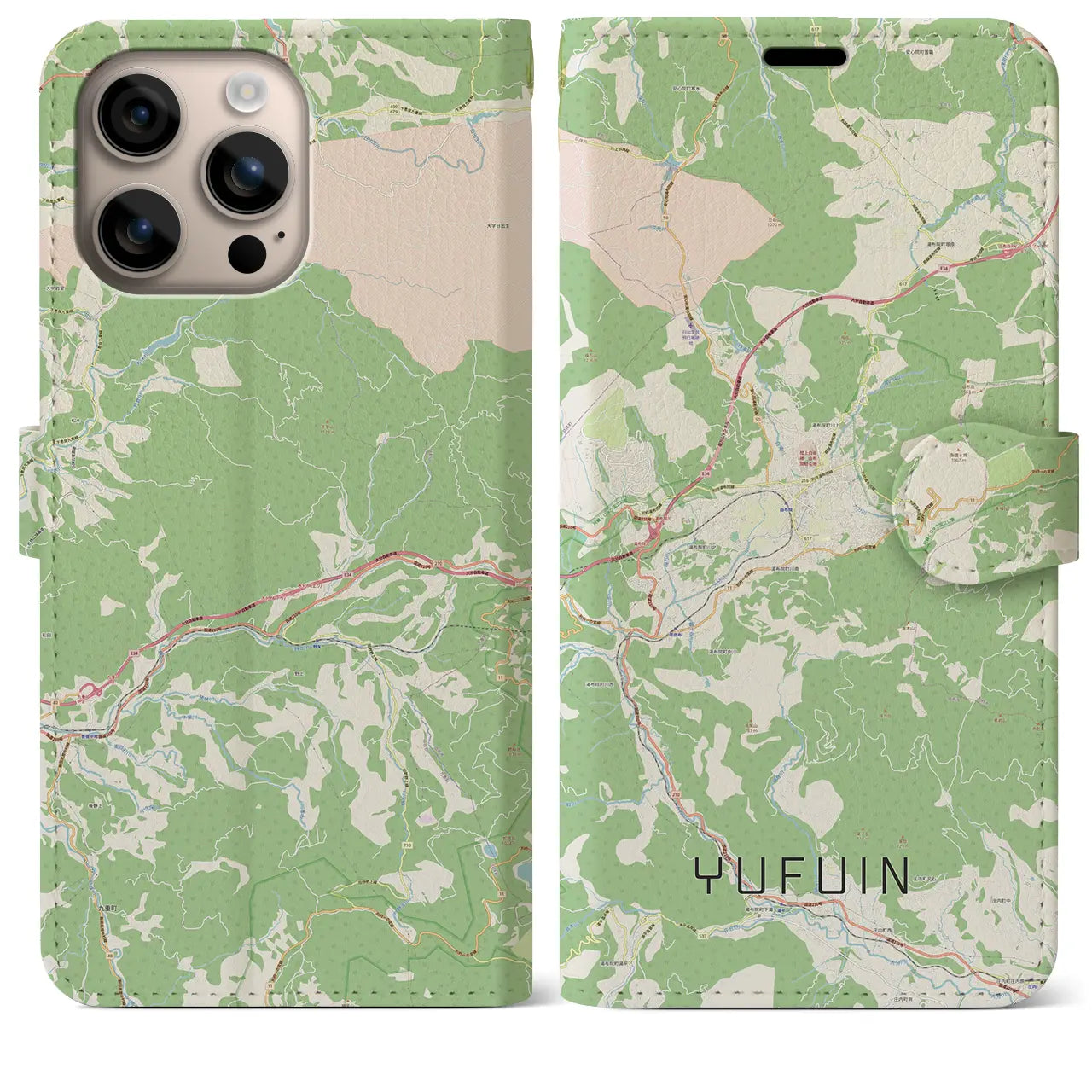 【湯布院（大分県）】地図柄iPhoneケース（手帳タイプ）ナチュラル・iPhone 16 Plus 用