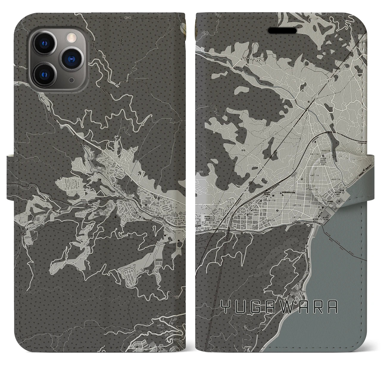 【湯河原】地図柄iPhoneケース（手帳両面タイプ・モノトーン）iPhone 11 Pro Max 用