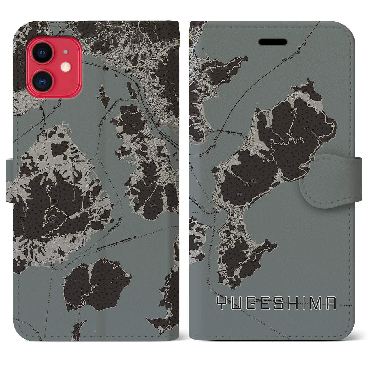 【弓削島】地図柄iPhoneケース（手帳両面タイプ・モノトーン）iPhone 11 用