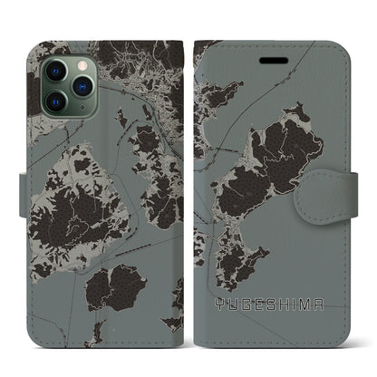 【弓削島（愛媛県）】地図柄iPhoneケース（手帳タイプ）モノトーン・iPhone 11 Pro 用