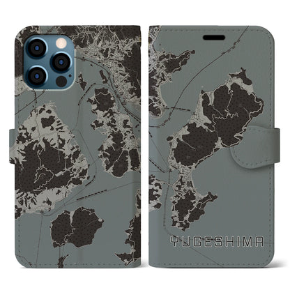 【弓削島（愛媛県）】地図柄iPhoneケース（手帳タイプ）モノトーン・iPhone 12 / 12 Pro 用