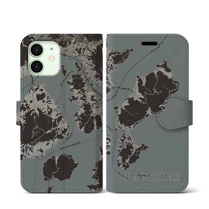 【弓削島（愛媛県）】地図柄iPhoneケース（手帳タイプ）モノトーン・iPhone 12 mini 用