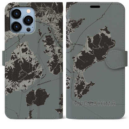 【弓削島（愛媛県）】地図柄iPhoneケース（手帳タイプ）モノトーン・iPhone 13 Pro Max 用