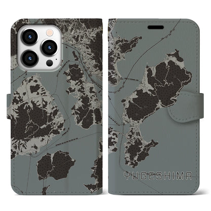 【弓削島（愛媛県）】地図柄iPhoneケース（手帳タイプ）モノトーン・iPhone 13 Pro 用