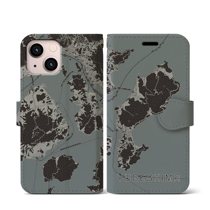 【弓削島（愛媛県）】地図柄iPhoneケース（手帳タイプ）モノトーン・iPhone 13 mini 用