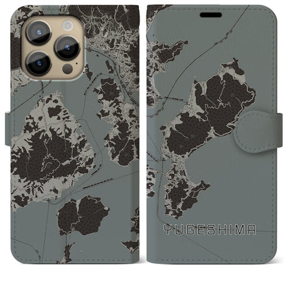 【弓削島（愛媛県）】地図柄iPhoneケース（手帳タイプ）モノトーン・iPhone 14 Pro Max 用