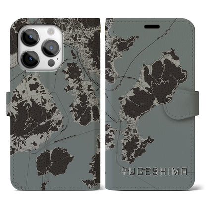 【弓削島（愛媛県）】地図柄iPhoneケース（手帳タイプ）モノトーン・iPhone 14 Pro 用