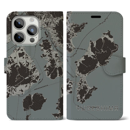 【弓削島（愛媛県）】地図柄iPhoneケース（手帳タイプ）モノトーン・iPhone 15 Pro 用