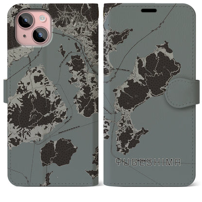 【弓削島（愛媛県）】地図柄iPhoneケース（手帳タイプ）モノトーン・iPhone 15 Plus 用