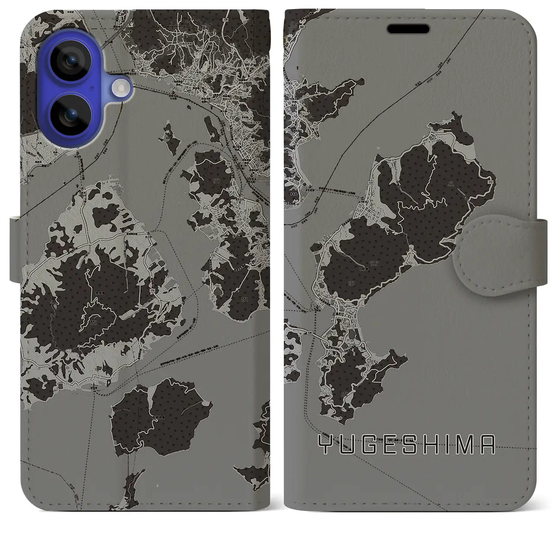 【弓削島(愛媛県)】地図柄iPhoneケース(手帳タイプ)モノトーン・iPhone 16 Pro Max 用