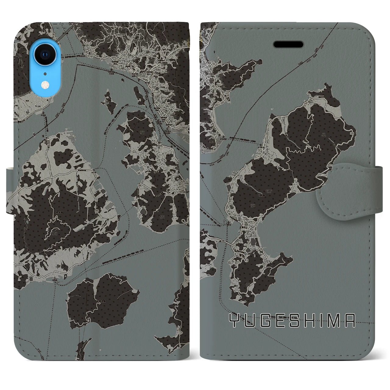 【弓削島】地図柄iPhoneケース（手帳両面タイプ・モノトーン）iPhone XR 用