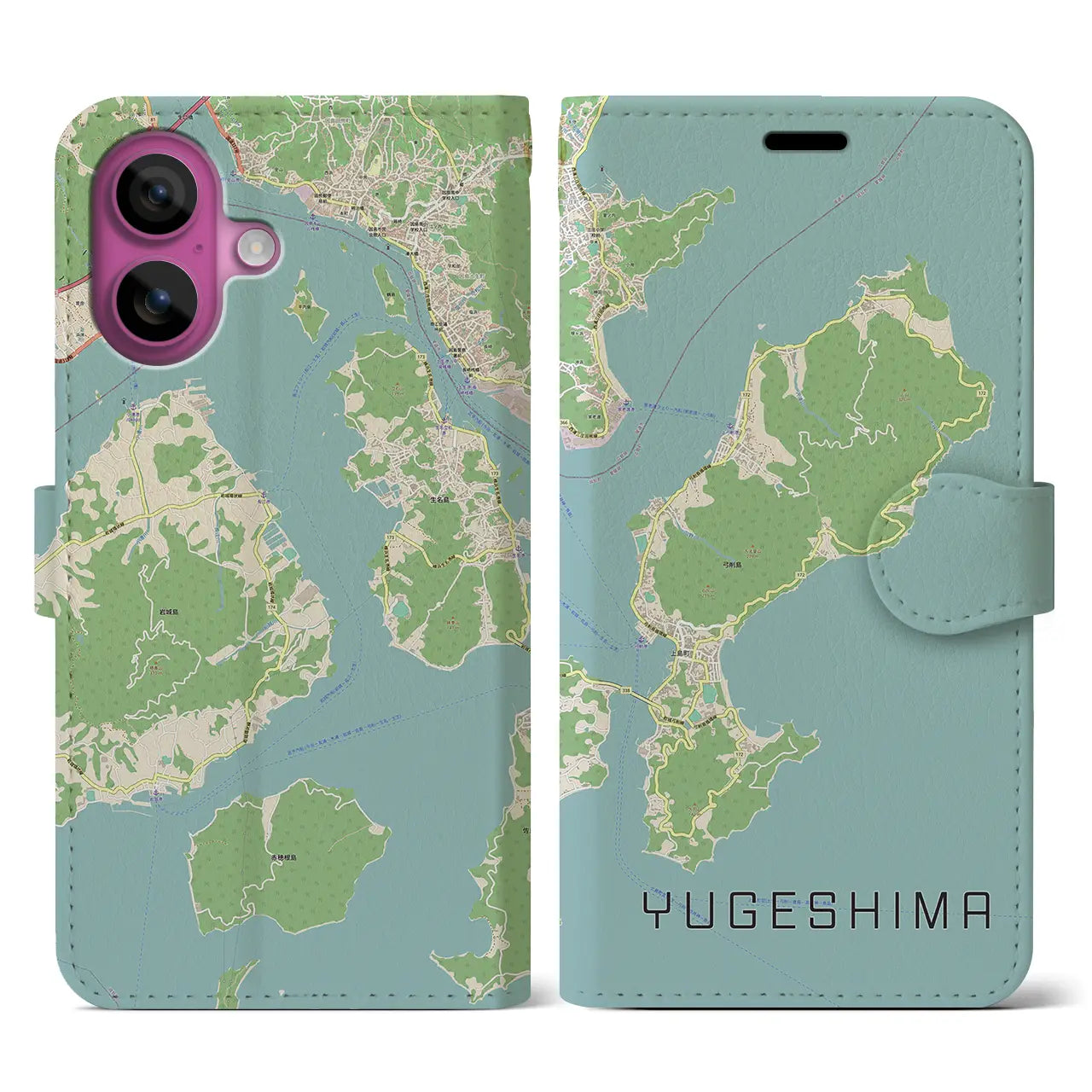 【弓削島（愛媛県）】地図柄iPhoneケース（手帳タイプ）ナチュラル・iPhone 16 Pro 用