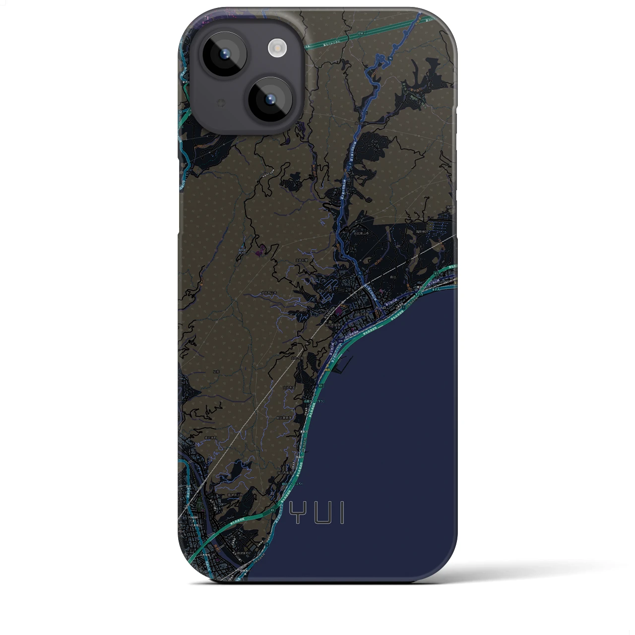 【由比（静岡県）】地図柄iPhoneケース（バックカバータイプ）ブラック・iPhone 14 Plus 用